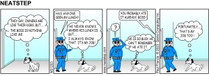 A typical lunchtime for the Office Dog. The Neatstep webcomic: parking, dogs.