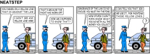 Neatstep argues about parking on a yellow line. The Neatstep webcomic: street patrol, dogs.