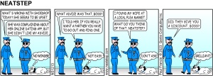 Boss gives advice about online dating. The Neatstep webcomic: office talk, dogs.